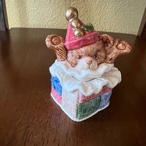 Fitz and Floyd salt/pepper shakers stacked like a bear popping out of the box!